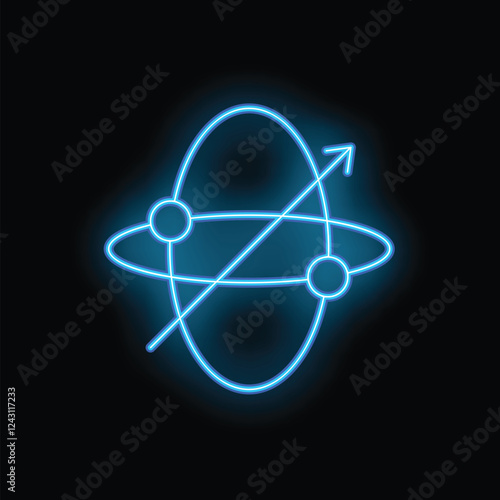 Neon blue atom icon glowing on black background representing scientific research and discovery