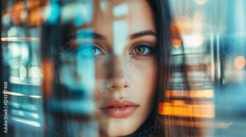 Woman's reflection in urban window. Ideal for creative portraiture, city atmosphere, and artistic photography themes.