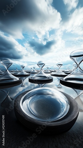 A surreal realm where massive floating hourglasses slowly turn, dictating the rhythm of time itself photo