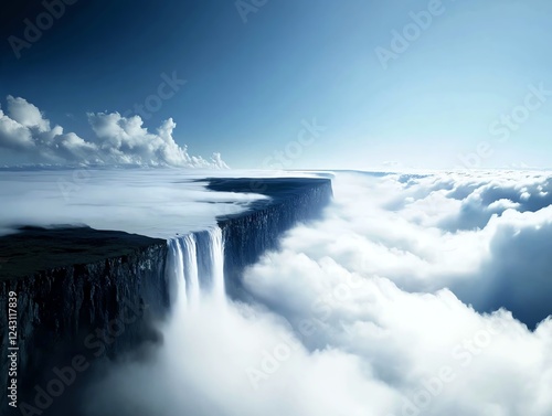 A surreal waterfall that falls in reverse, flowing into the sky and forming a cloudcovered river photo