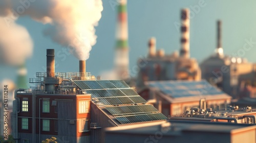 A power plant emitting clean steam, with solar panels covering nearby rooftops.