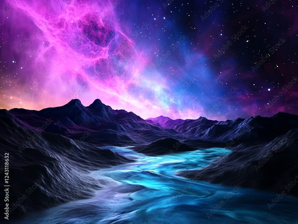 Fototapeta premium A weightless, gravitydefying landscape where floating rivers flow endlessly between scattered islands in a glowing nebula