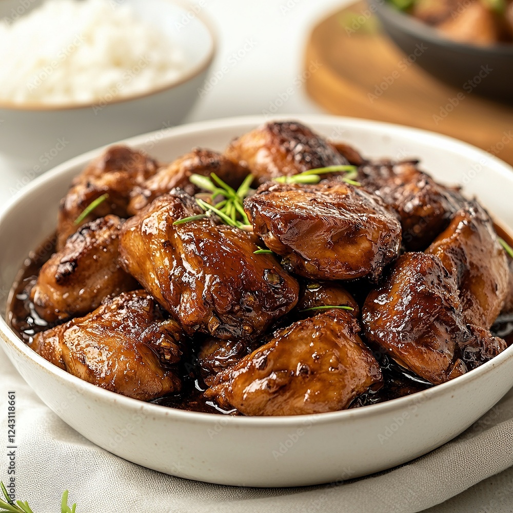 Filipino adobo with soy-marinated chicken, isolated on a white table, soft pastel background, Filipino adobo with soy-marinated chicken, isolated on a white table, soft pastel background,