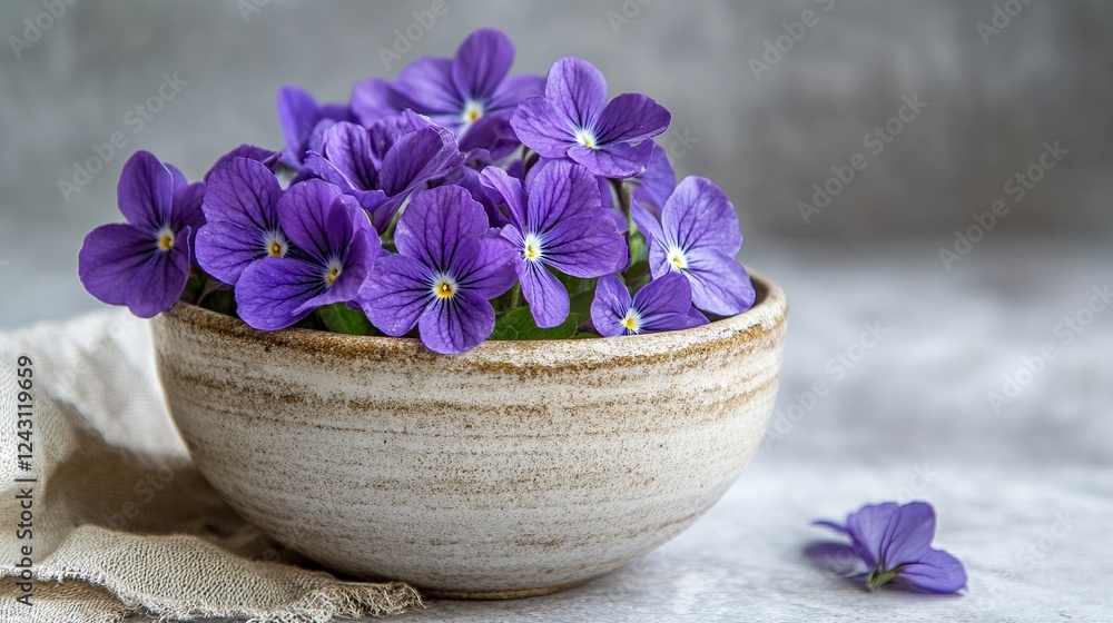 Delicate purple violets in a ceramic bowl, honoring National Violet Day. Delicate purple violets in a ceramic bowl, honoring National Violet Day.