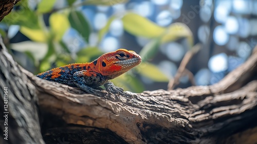 Vibrant Red Mwanza Flat Lizard on a Branch photo