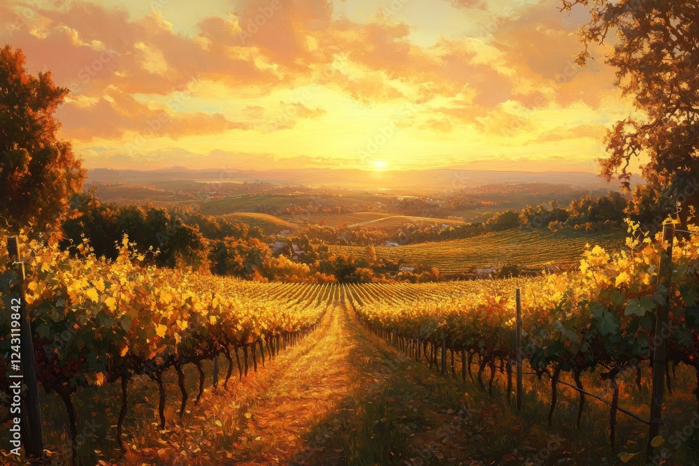 Naklejka premium Sunset over a countryside field with a dirt road