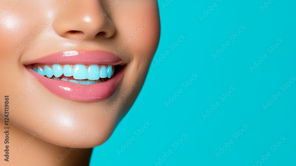 Fototapeta premium A close-up smile featuring bright teeth and glossy lips against a vibrant turquoise background.