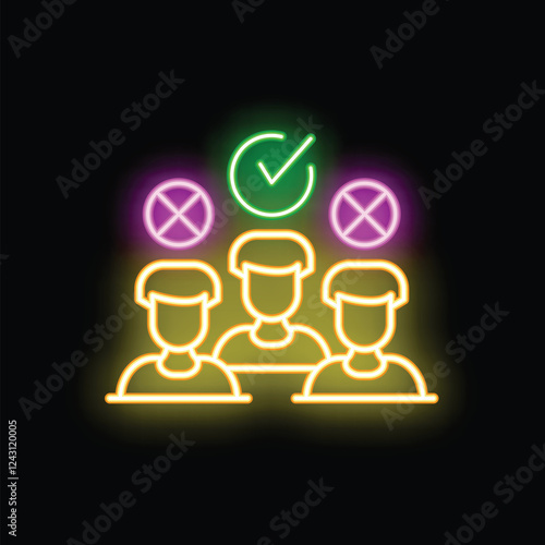 Neon icon of a candidate selection process showing one person approved and two rejected