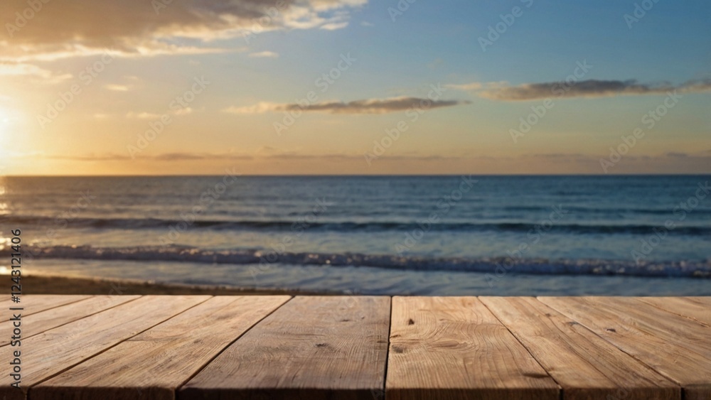 Fototapeta premium wooden table board with beach background