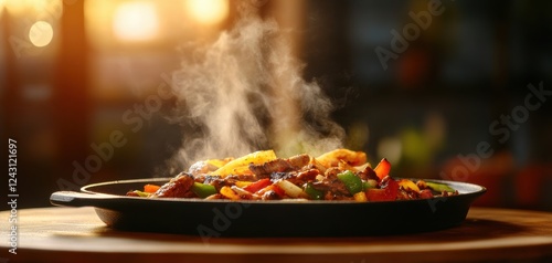 A delicious sizzling dish served hot, releasing inviting steam and vibrant colors that entice your taste buds. photo