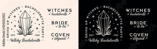 Bachelorette party witch magic witchy theme coven squad black aesthetic funny quotes drink up witches. Magical spiritual girls night bridesmaid bride to be matching shirt design decor pack bundle set.