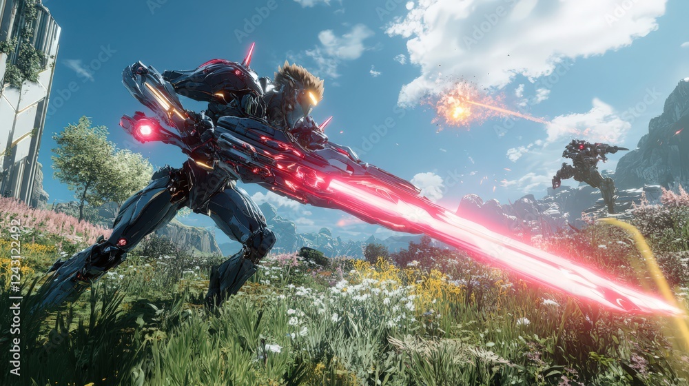 Futuristic Mech Warriors Clash on a Vibrant, Flower-Filled Battlefield Futuristic Mech Warriors Clash on a Vibrant, Flower-Filled Battlefield
