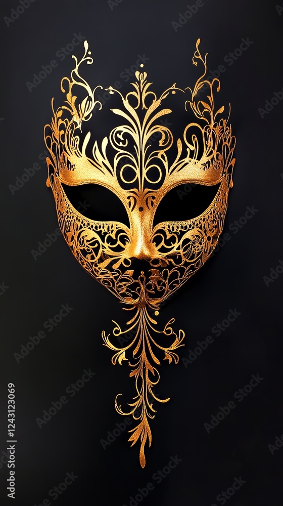 Elegant golden masquerade mask with intricate filigree, vertical composition. Elegant golden masquerade mask with intricate filigree, vertical composition.