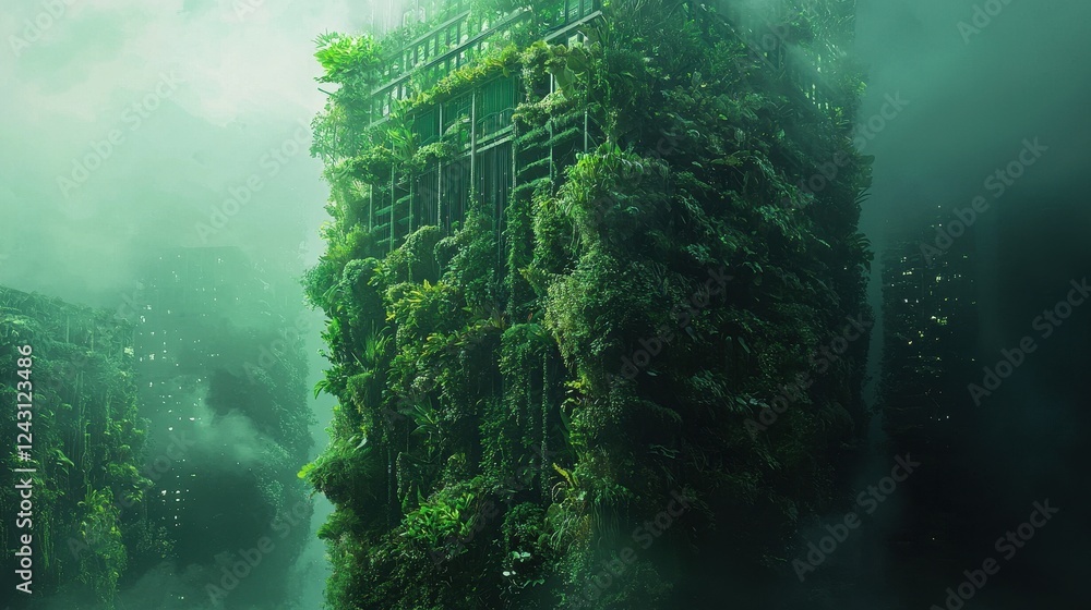Obraz premium Lush Vertical Skyscraper Enveloped in Vibrant Greenery and Mist