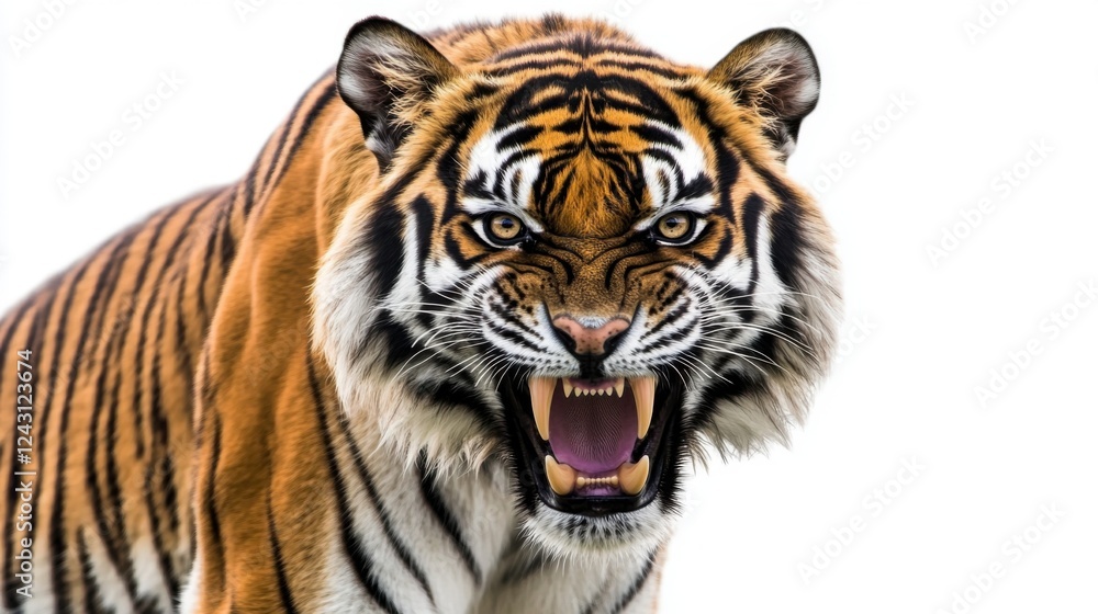 Fototapeta premium Close up fierce tiger with open mouth showing teeth and tongue on white background