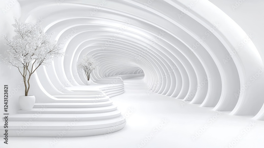 Obraz premium White futuristic hallway, plants, steps, background light. Architecture design