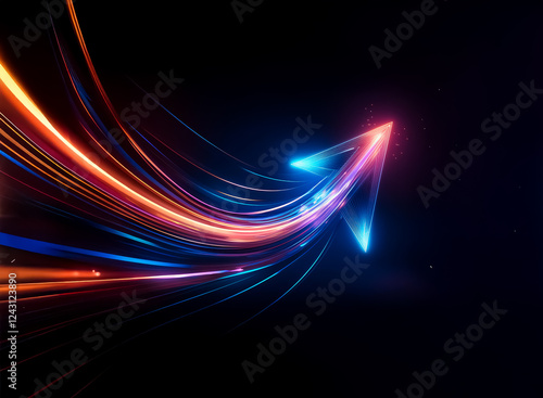 An arrow formed by vibrant light streaks of orange and blue points upwards and to the right against a dark backdrop  suggesting forward motion and progress.