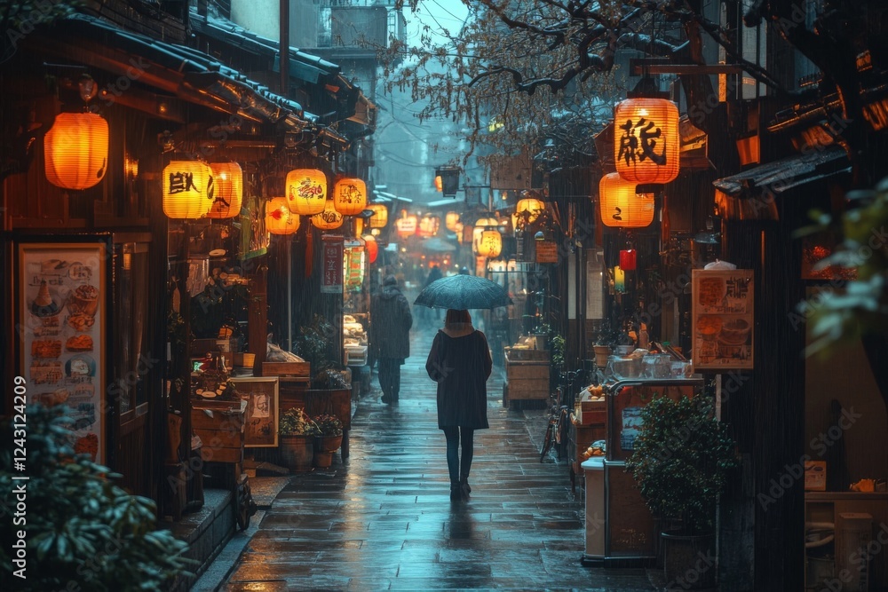 Mystical alley lit by warm lanterns in evening Mystical alley lit by warm lanterns in evening