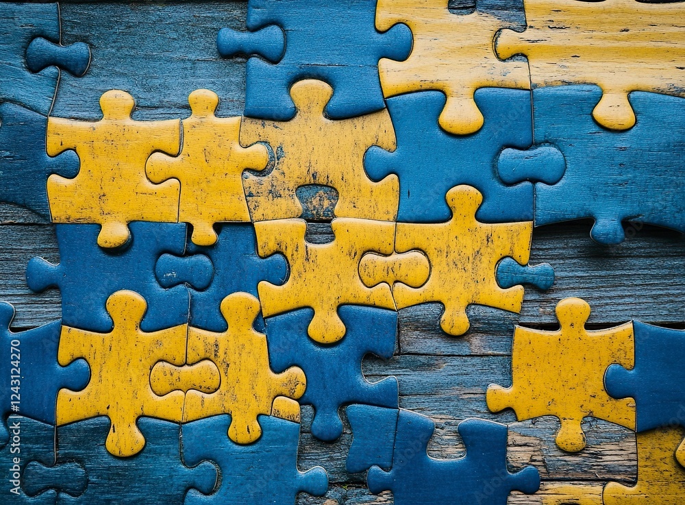 Blue and yellow puzzle pieces on wooden background, concept of training or learning with educational toys for children stock photo contest winner, high resolution photography Blue and yellow puzzle pieces on wooden background, concept of training or learning with educational toys for children stock photo contest winner, high resolution photography