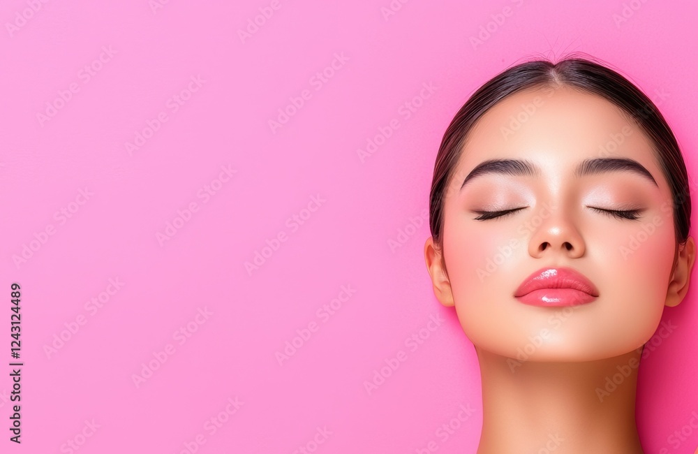 A serene woman with closed eyes poses against a vibrant pink background, showcasing flawless skin and a natural makeup look. A serene woman with closed eyes poses against a vibrant pink background, showcasing flawless skin and a natural makeup look.