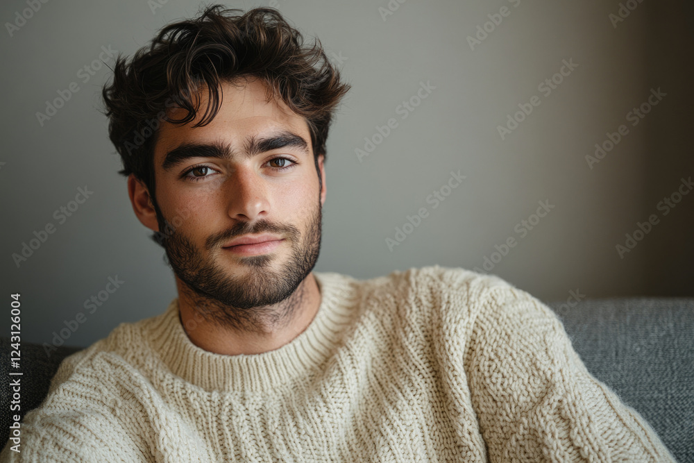 Obraz premium A young man with dark hair and a beard, wearing a cream-colored sweater, gazes directly at the camera.
