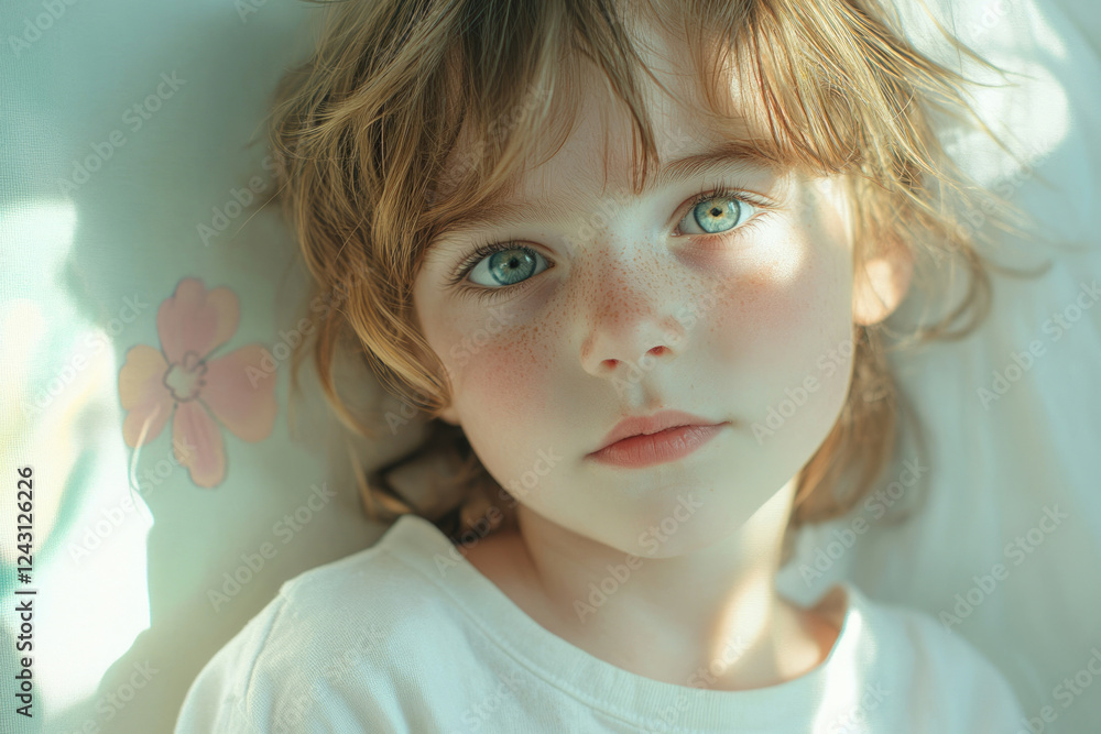A freckled child with bright blue eyes rests peacefully on a light-colored bed. A freckled child with bright blue eyes rests peacefully on a light-colored bed.