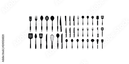 Print Kitchen utensils and cutlery icons set including knives, forks, spoons, spatulas, whisks. Perfect for culinary, cooking, and restaurant designs isolated on  white  background