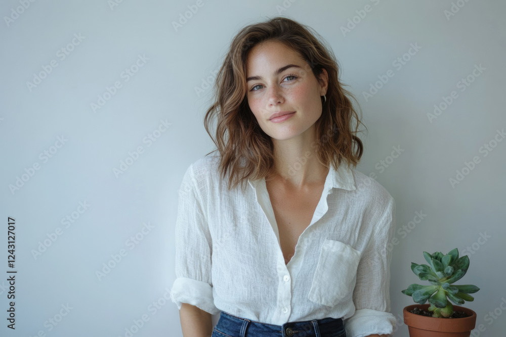 A young woman with shoulder-length wavy brown hair, wearing a white linen shirt and jeans, smiles softly. A young woman with shoulder-length wavy brown hair, wearing a white linen shirt and jeans, smiles softly.