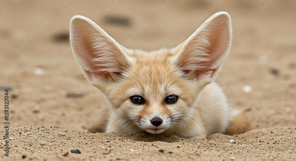 Fennec Fox Pup in Desert Sand with Large Ears. Close-Up Stock Photo for Wildlife Education, and Nature Preservation. Fennec Fox Pup in Desert Sand with Large Ears. Close-Up Stock Photo for Wildlife Education, and Nature Preservation.