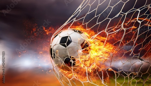 Fireball soccer ball blazing into the net with bright flames on a vibrant backdrop