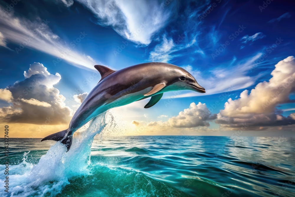Obraz premium A miniature world: dolphins leap, blue ocean stretches beneath, captivating aerial tilt-shift.