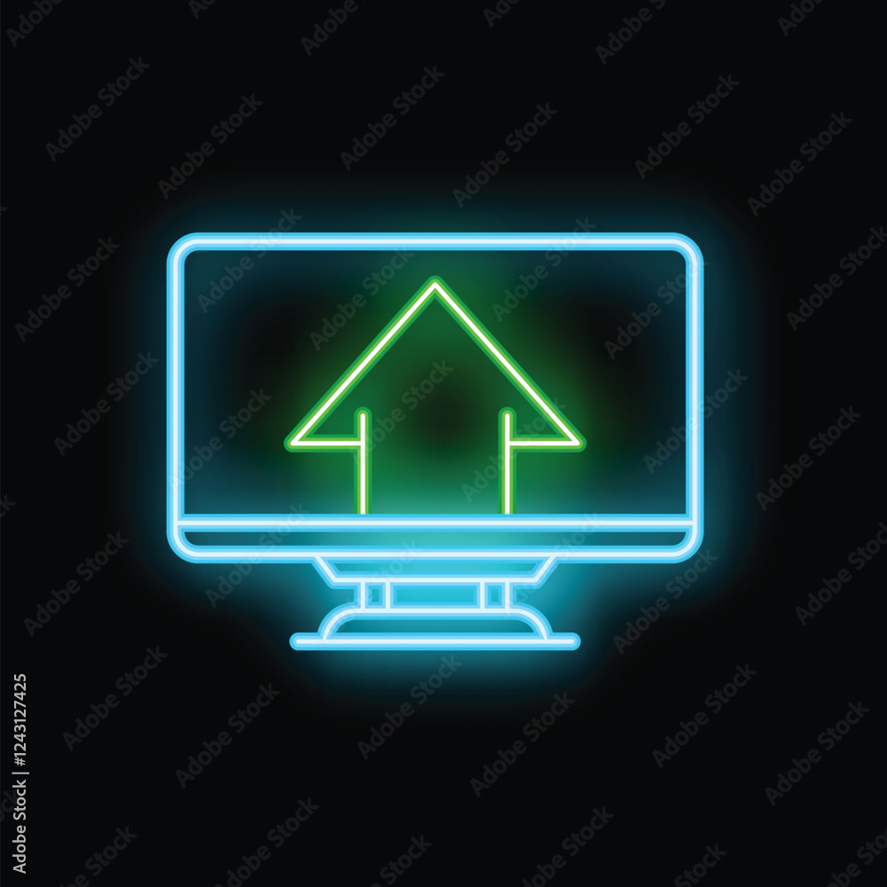 Glowing neon line computer monitor with house icon isolated on black background. Smart home concept. Vector illustration Glowing neon line computer monitor with house icon isolated on black background. Smart home concept. Vector illustration