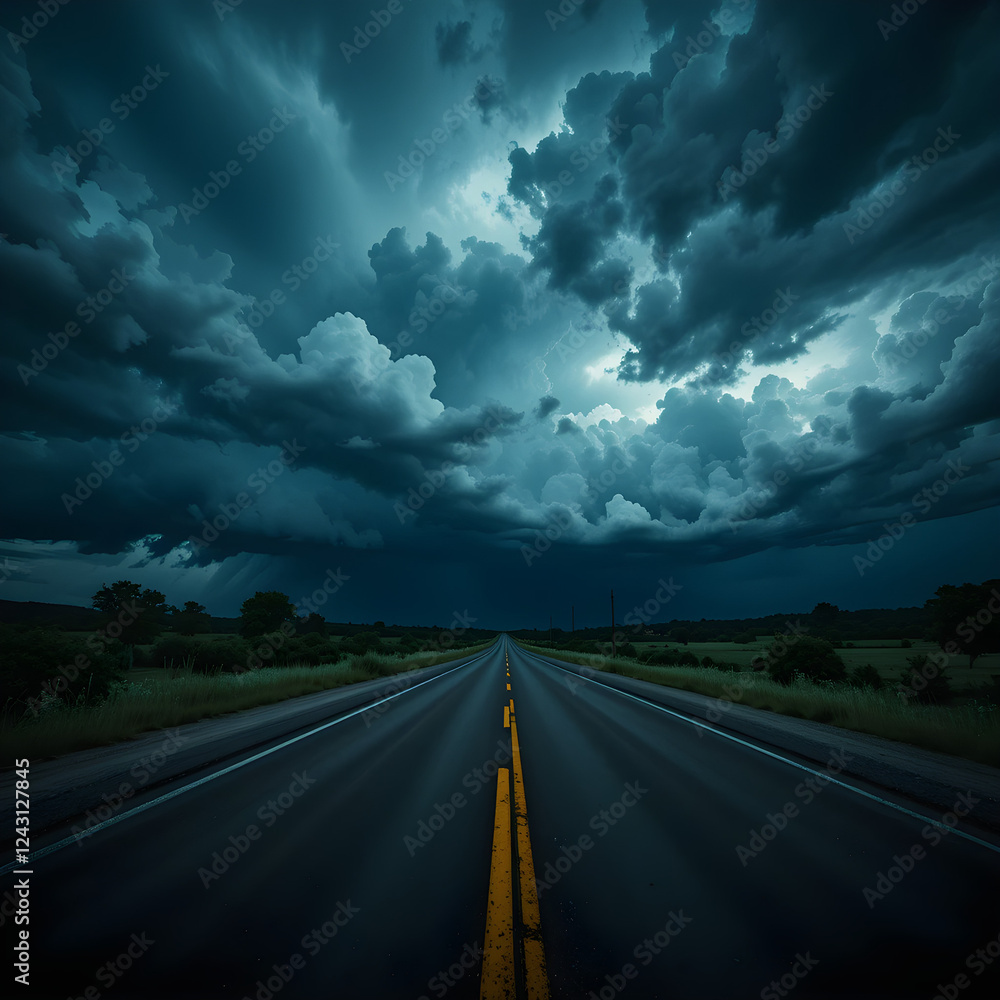 Fototapeta premium Stormy Sky Over a Long, Straight Road with Yellow Center Line.