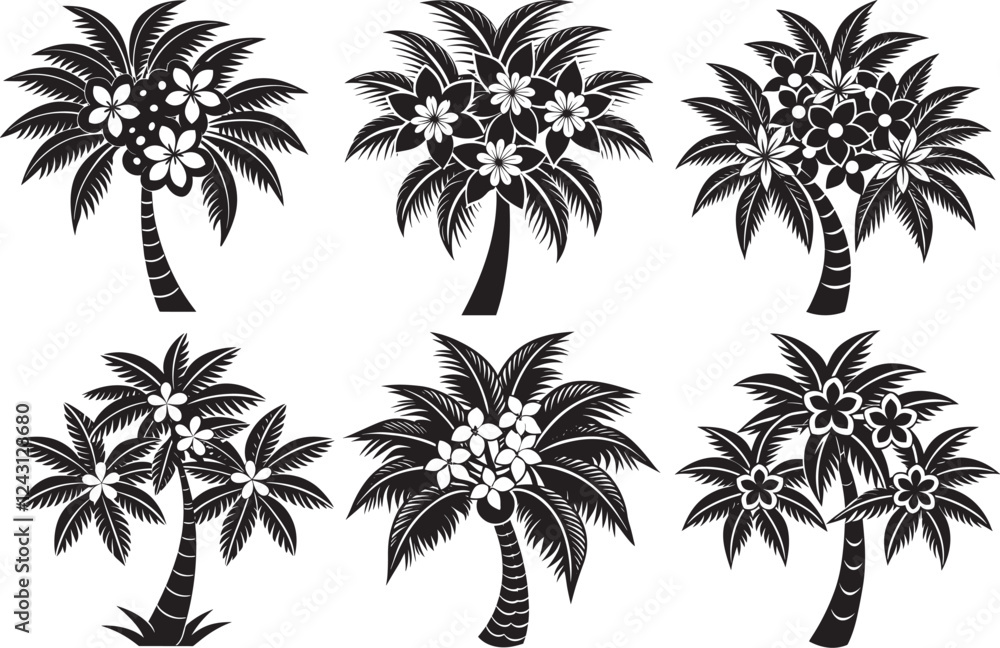 Six Black and White Tropical Palm Trees with Flowers Six Black and White Tropical Palm Trees with Flowers