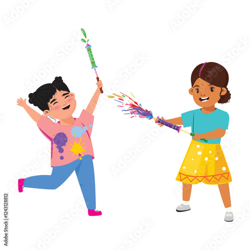 Action shot of two friends celebrating Holi, their movement and vibrant colors capturing the carefree joy and excitement of the occasion