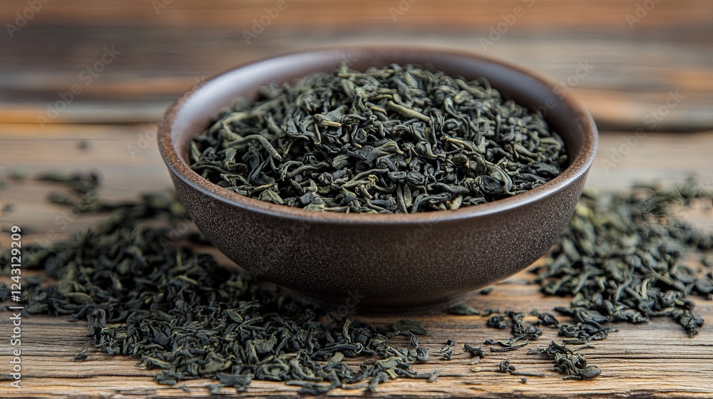 Flat lay of a simple tea set with loose-leaf green tea, natural wood surface. Flat lay of a simple tea set with loose-leaf green tea, natural wood surface.