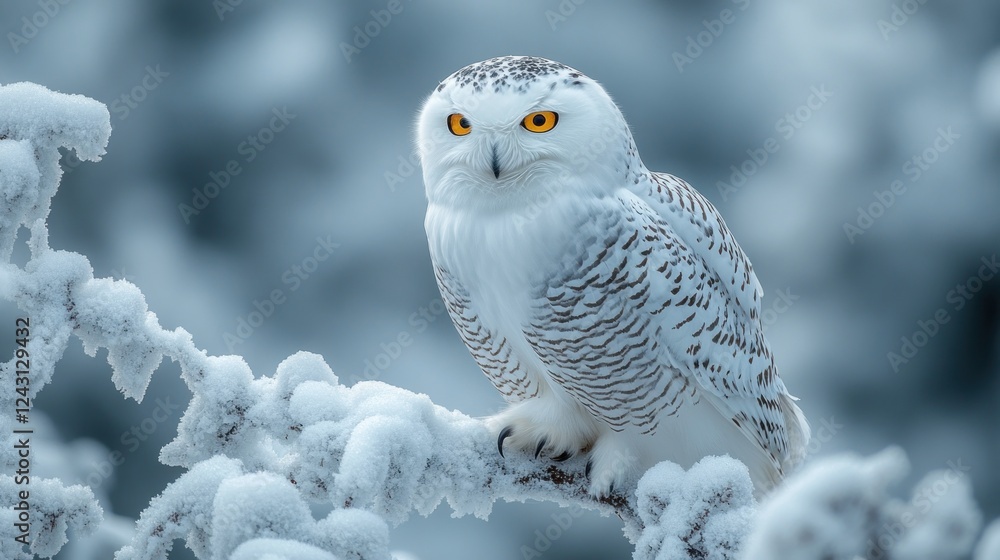 A snowy owl perched on a frosty branch in a winter landscape. A snowy owl perched on a frosty branch in a winter landscape.