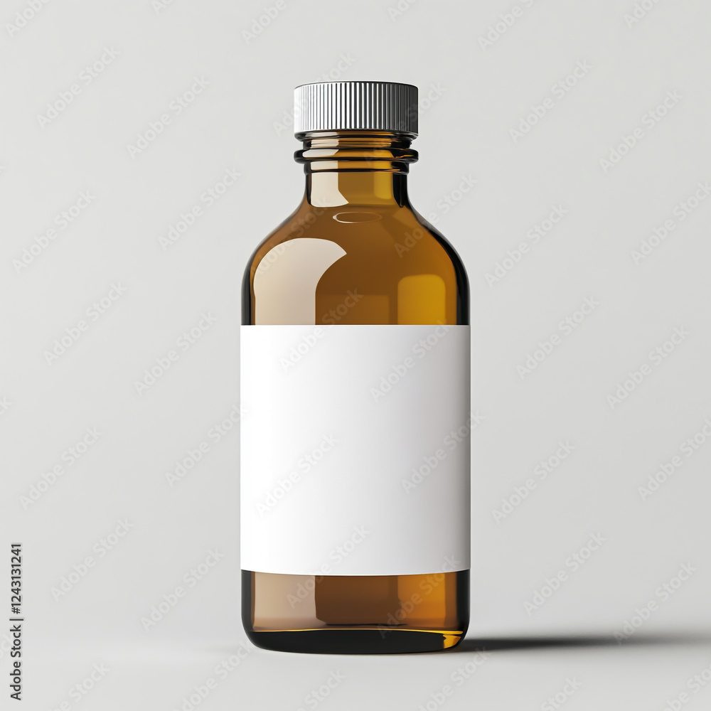 A blank white label on an amber glass bottle with a metal cap, in a mockup style A blank white label on an amber glass bottle with a metal cap, in a mockup style