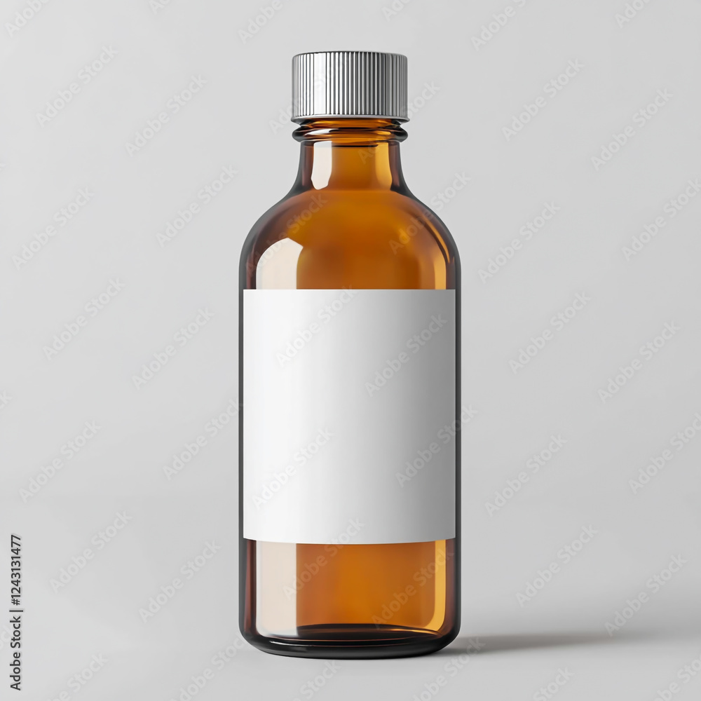 A blank white label on an amber glass bottle with a metal cap, in a mockup style A blank white label on an amber glass bottle with a metal cap, in a mockup style