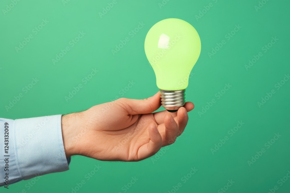 A hand holding a green light bulb symbolizes innovation, creativity, and sustainable energy solutions in modern technology.
