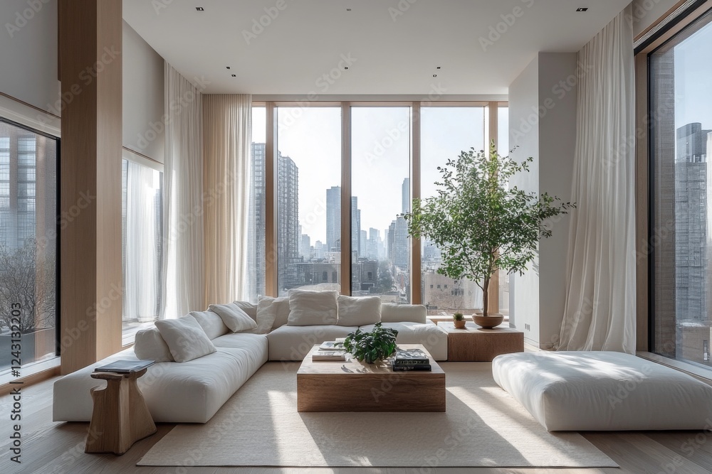 Fototapeta premium Modern living room with large windows and city view