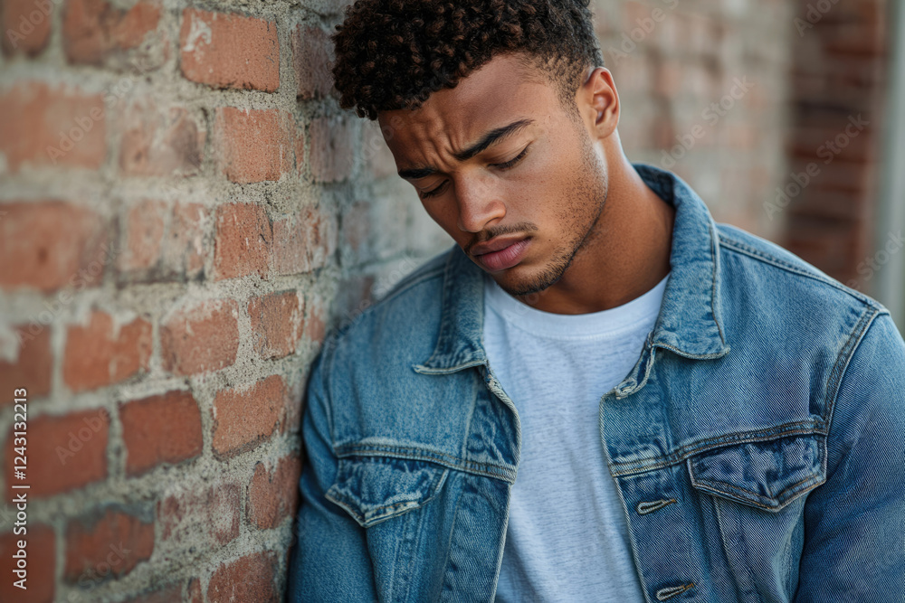 A young man with curly hair leans against a brick wall, wearing a denim jacket and a white t-shirt, appearing pensive. A young man with curly hair leans against a brick wall, wearing a denim jacket and a white t-shirt, appearing pensive.