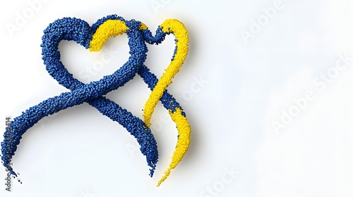 Digital graphic depicting blue and yellow chromosomes with a heart symbol representing the extra chromosome associated with Down Syndrome a common genetic disorder characterized by intellectual and de photo