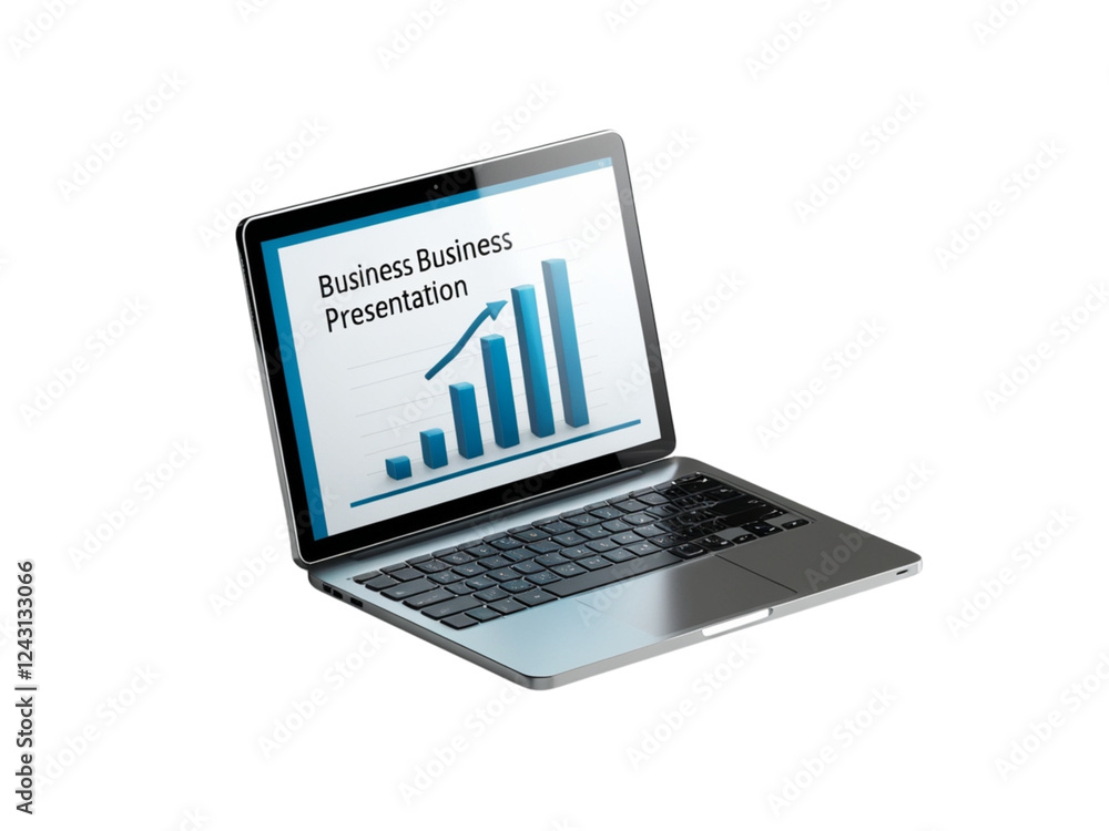3D icon of a laptop with a business presentation open on the screen. 3D icon of a laptop with a business presentation open on the screen.