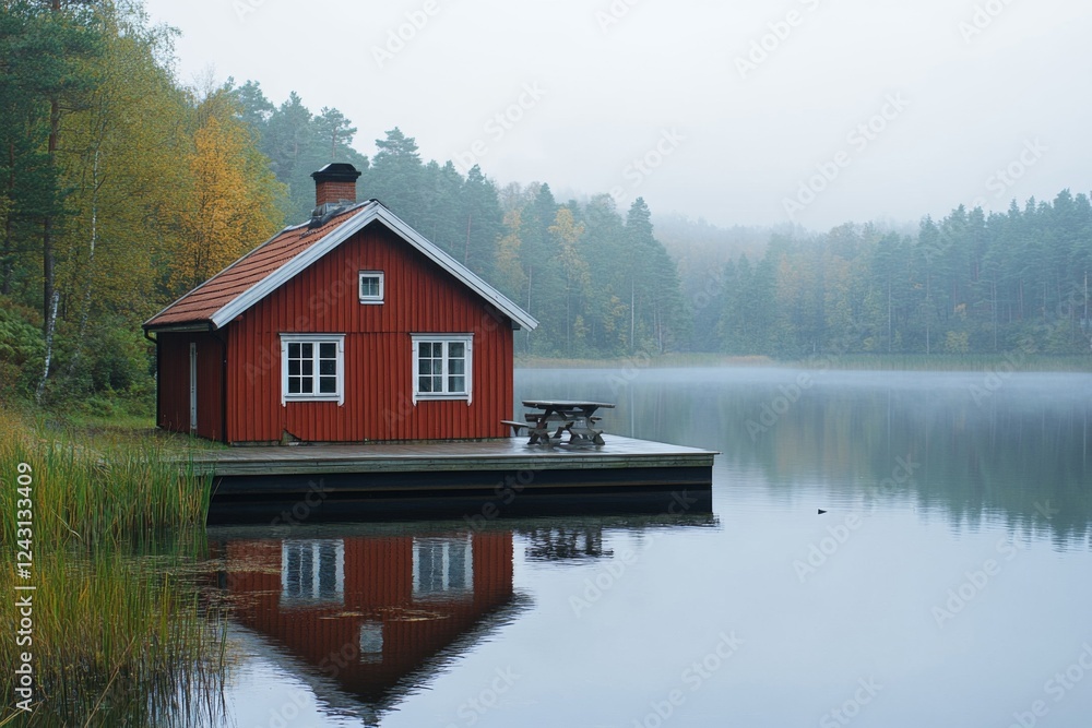 Fototapeta premium Traditional red cottage by a lake surrounded by trees
