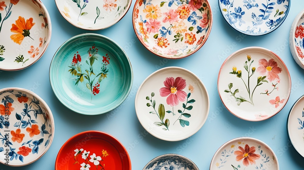 Flat lay of hand-painted ceramic plates with floral designs, International Pottery Day. Flat lay of hand-painted ceramic plates with floral designs, International Pottery Day.