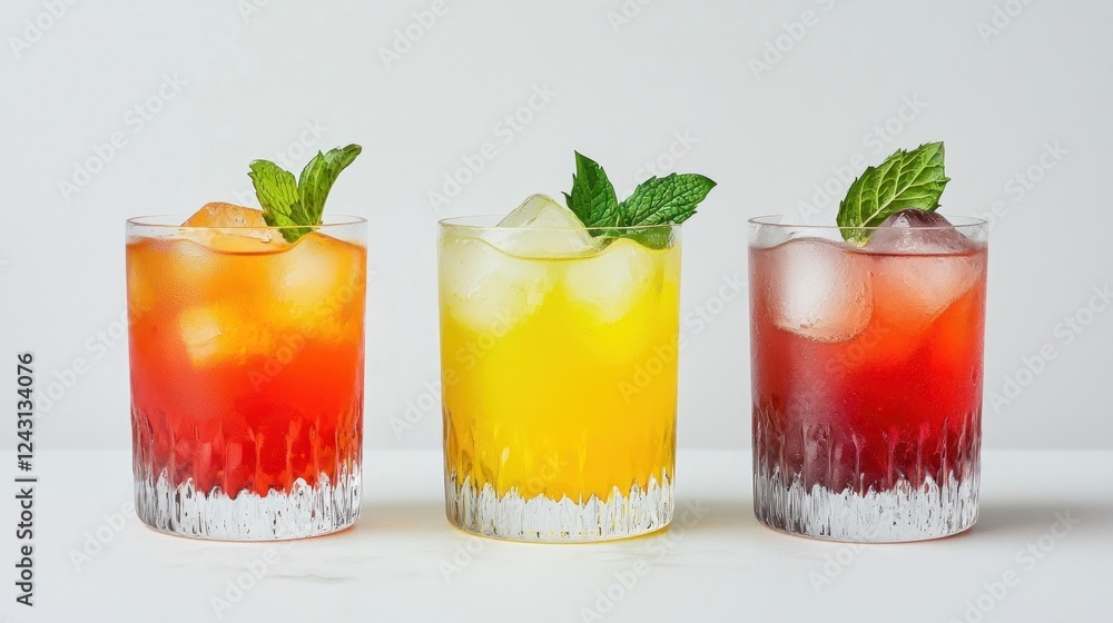 Fototapeta premium Three Colorful Cocktails with Ice and Mint