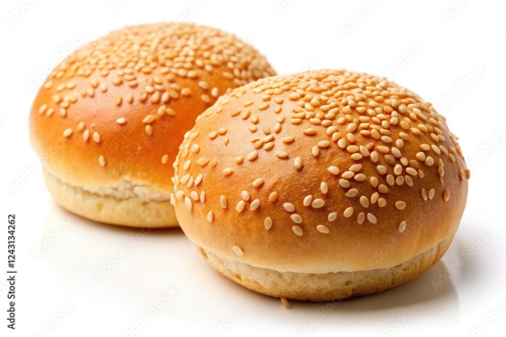 Close-up of golden sesame seed hamburger buns, isolated on white. Bakery fresh, perfect for cooking. Close-up of golden sesame seed hamburger buns, isolated on white. Bakery fresh, perfect for cooking.