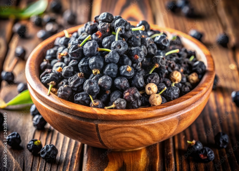 Close-up of vibrant black goji berries and wolfberries in a wooden bowl, showcasing their antioxidant power and organic nature. A healthy, high-resolution food photograph. Close-up of vibrant black goji berries and wolfberries in a wooden bowl, showcasing their antioxidant power and organic nature. A healthy, high-resolution food photograph.