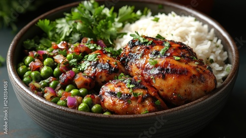 Foto A Jamaican jerk chicken with rice and peas